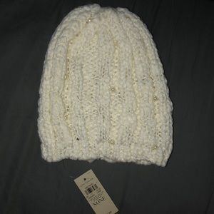 Ann Taylor white knit sparkly hat with pearls NWT